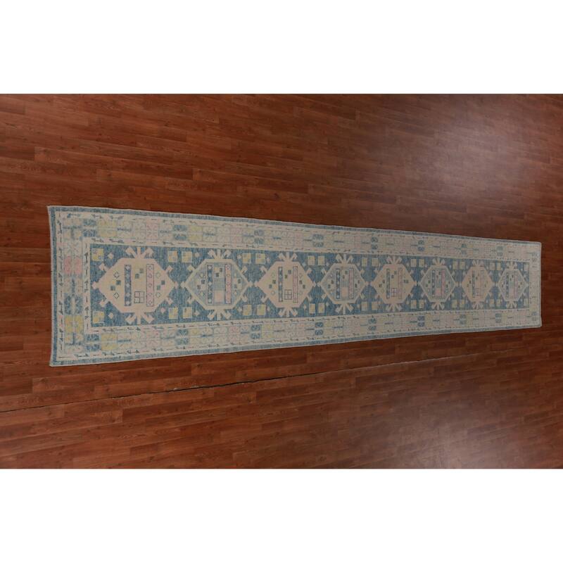 Hand Knotted Oriental 100% Wool Carpet Transitional Geometric Navy Blue & Blues Oushak Runner Rug - 17' 2'' X 3' 2''