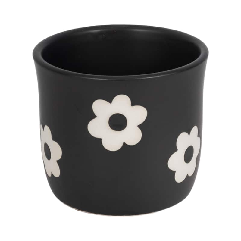 Stoneware Ceramic Planter Raised Floral Design Modern Decorative Pot - 6" x 6" x 5" - Black/ White