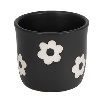 Stoneware Ceramic Planter Raised Floral Design Modern Decorative Pot