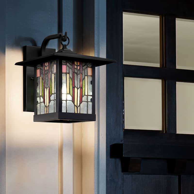 River of Goods Prairrie Style Stained Glass Black 1-Light Outdoor Lantern Wall Sconce - 10.75" x 9" x 11.75"