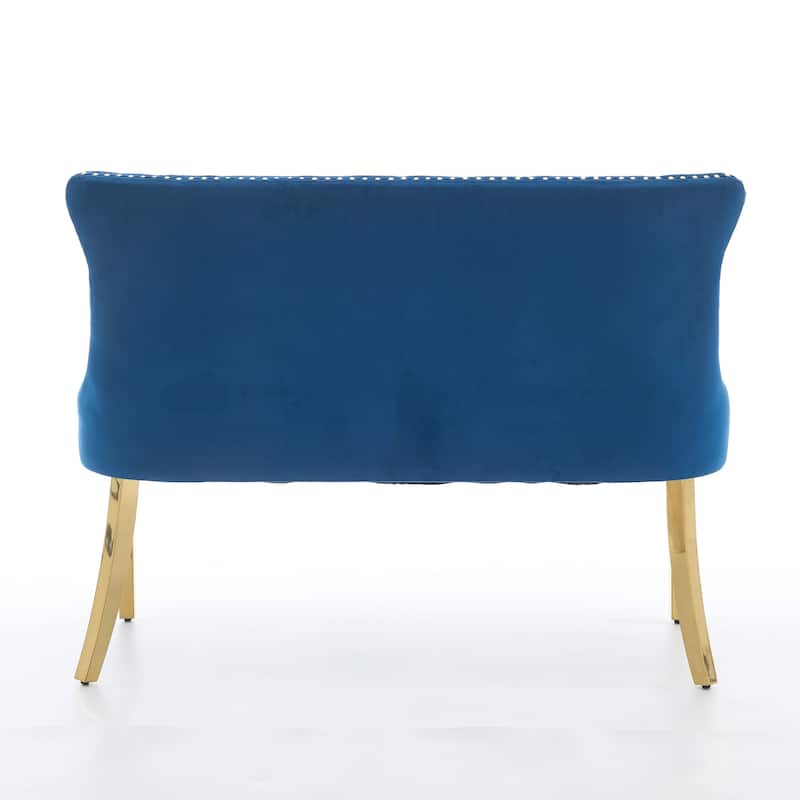 Velvet Double Dining Loveseat Bench, 2-Seat Tufted Bench w/Handmade Buttons, Wing Back, Gold-Plated Steel Legs,Single Pack