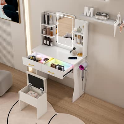 Vanity Desk with LED Lights Mirror & Power Outlet