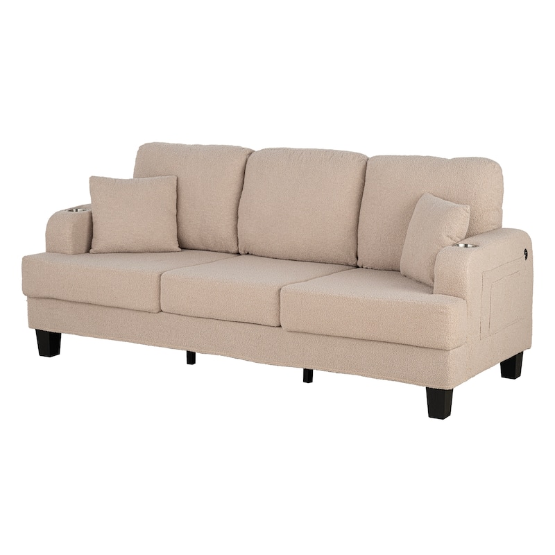85" Modern Beige Corduroy 3-seater Sofa with USB and 2 Pillows