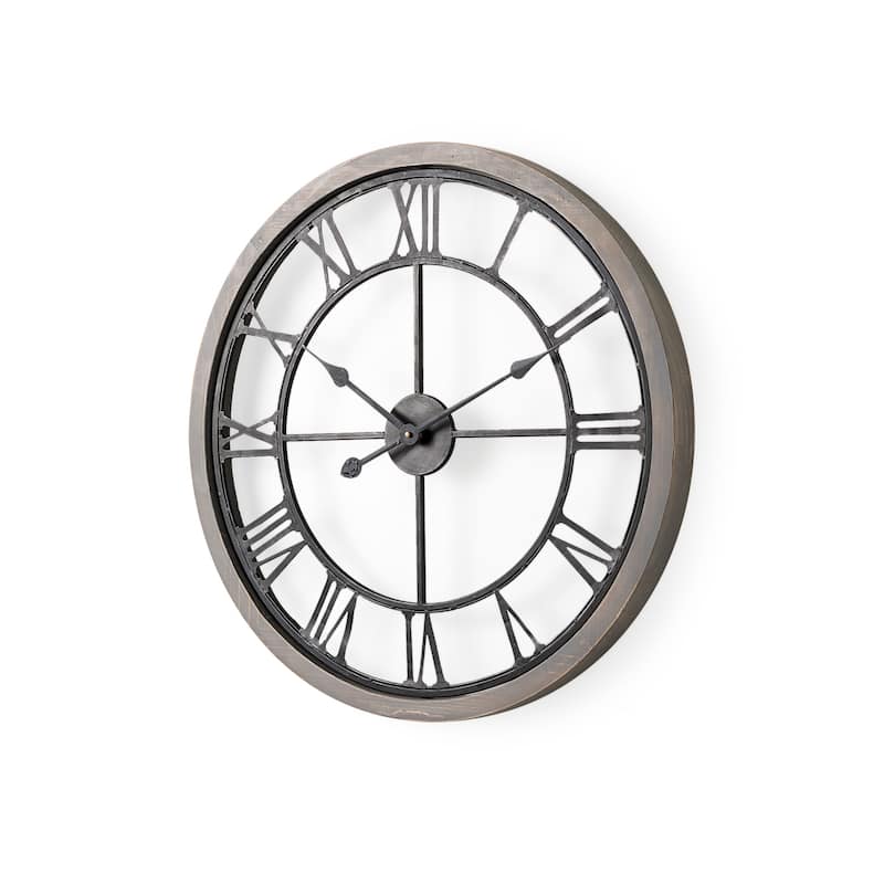 Mething Gray Wood and Black Metal 25" Round Wall Clock - 24.8"W x 2"D x 25"H - 24.8"W x 2"D x 25"H - Grey