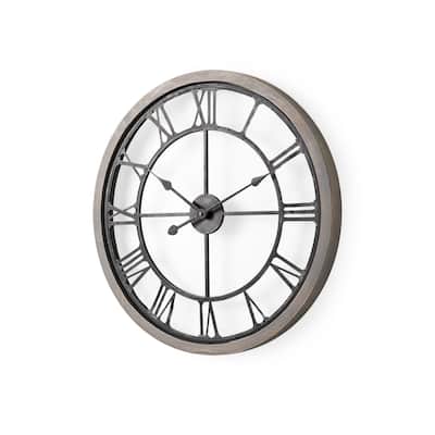 Mething Gray Wood and Black Metal 25" Round Wall Clock - 24.8"W x 2"D x 25"H