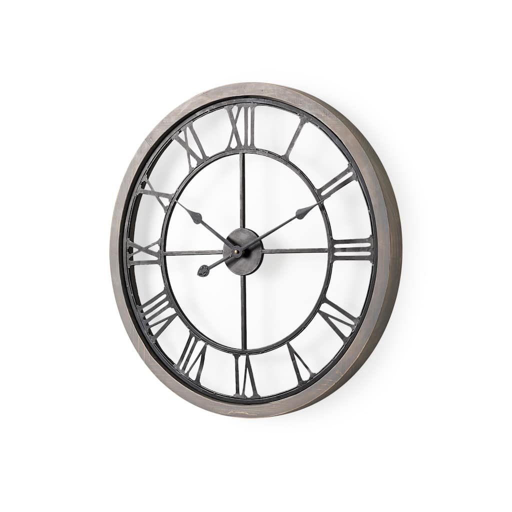 Mething Gray Wood and Black Metal 25" Round Wall Clock - 24.8"W x 2"D x 25"H