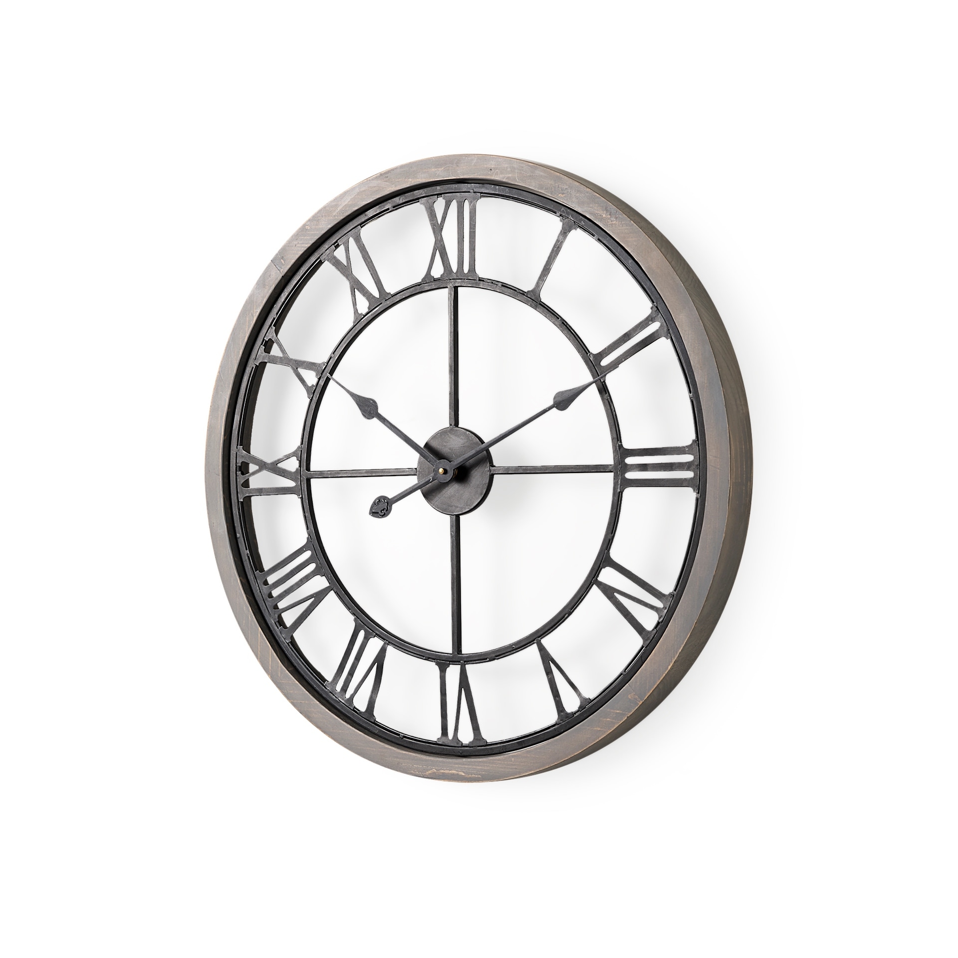 Mething Gray Wood and Black Metal 25" Round Wall Clock - 24.8"W x 2"D x 25"H