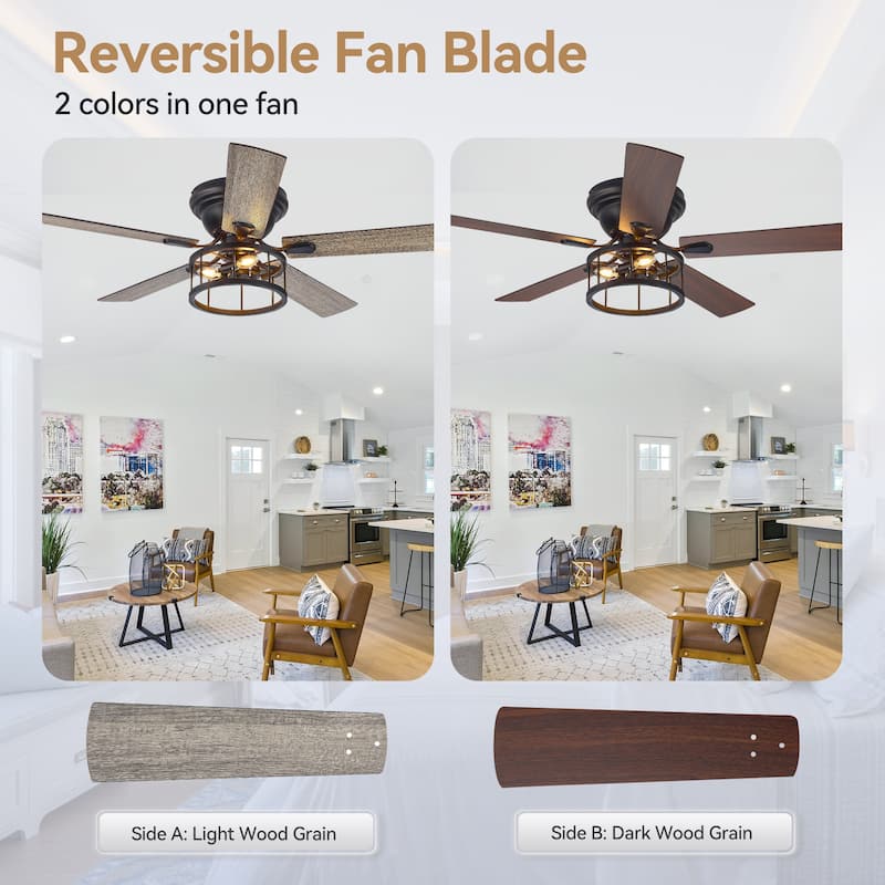 52 Inch Black Flush Mount Ceiling Fan with Lights Remote Control