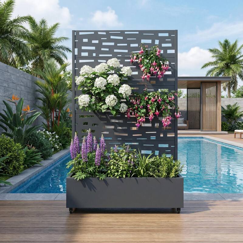 Raised Garden Bed Planter with Trellis Movable Planter Box with Lockable Wheels - 72*47 - Dark Grey