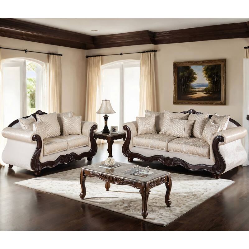 Furniture of America Omira USA Made Traditional 2-Piece Beige and Dark Cherry Sofa Set - Beige and Dark Cherry