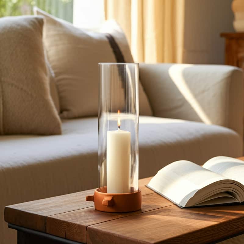 Pottery Glass Pillar and Taper Holder Rustic Base and Hurricane Sleeve - 7" x 5" x 13"