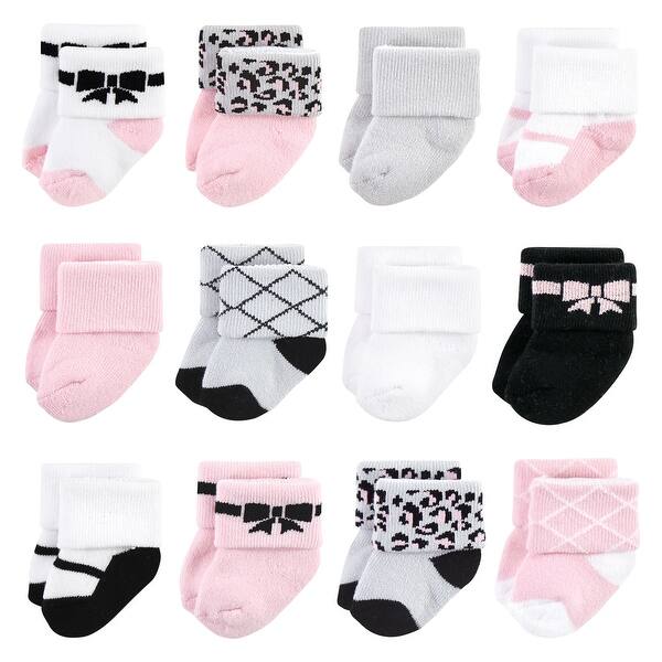 slide 1 of 1, Hudson Baby Infant Girl Cotton Rich Newborn and Terry Socks, Bows 12-Pack Bows 12-Pack - 0-6 Months