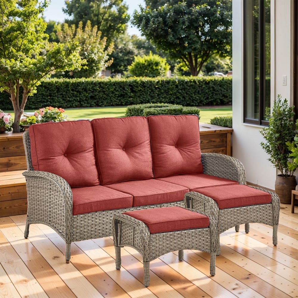 Gymojoy 3-Piece Outdoor Wicker Patio Furniture with 3 Seat Sofa, Rattan Coversation Set with Water Resistant Cushions