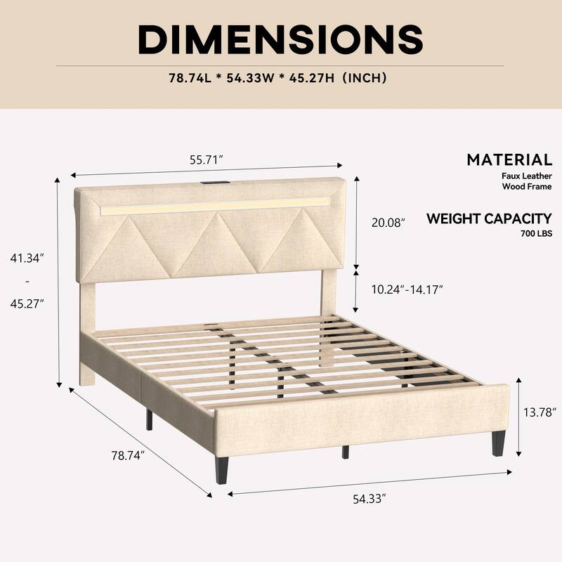 Full Bed Frame with Headboard, Charging Station & LED Lights, Upholstered Platform, Noise-Free, Easy Assembly