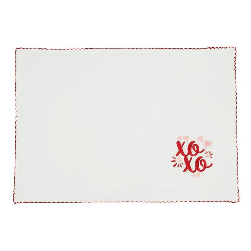 XO Placemats & Napkins (Set of 8) - Embroidered Valentine's Table Linens with Scalloped Red Trim, 13"x19" / 18"x18"