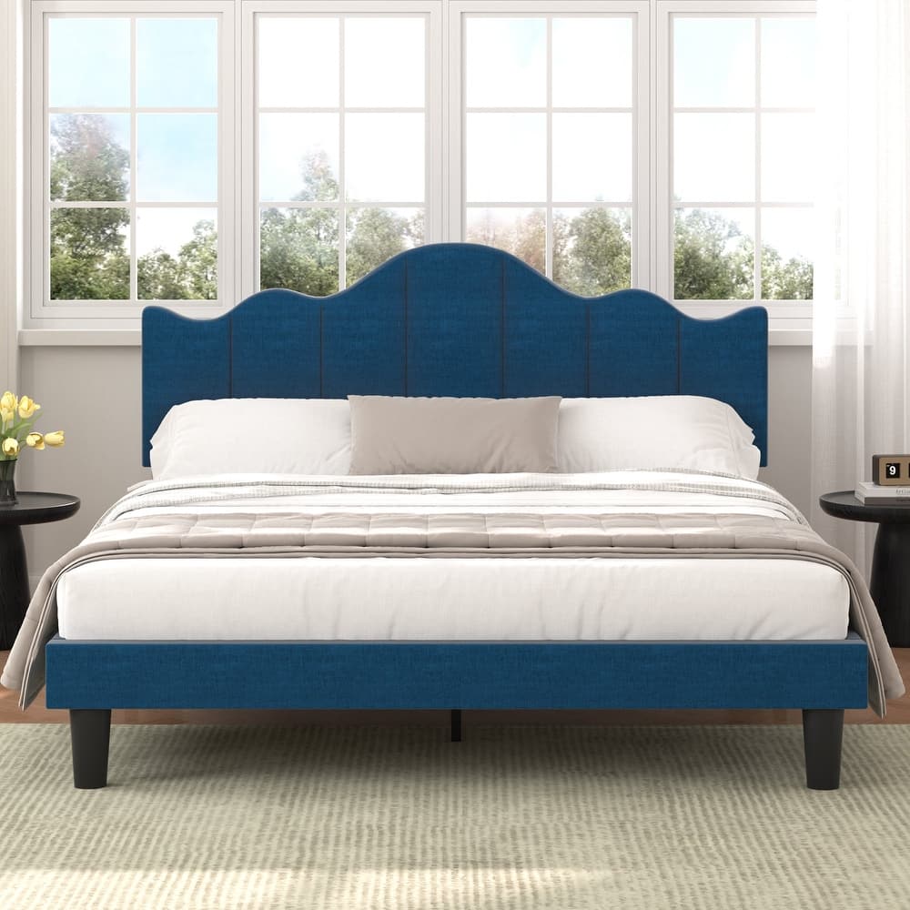 VECELO Modern Upholstered Platform Bed with Adjustable Headboard No Box Spring Needed Wave Headboard
