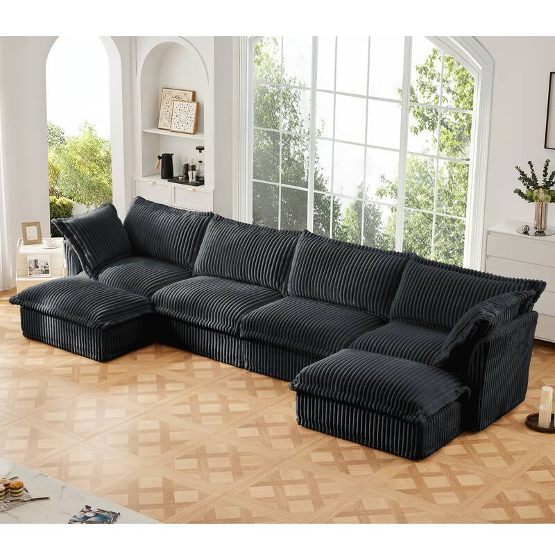 Slipcovered 4-Seater U-Shape Corduroy Sectional Sofa Couch with French Edges Design