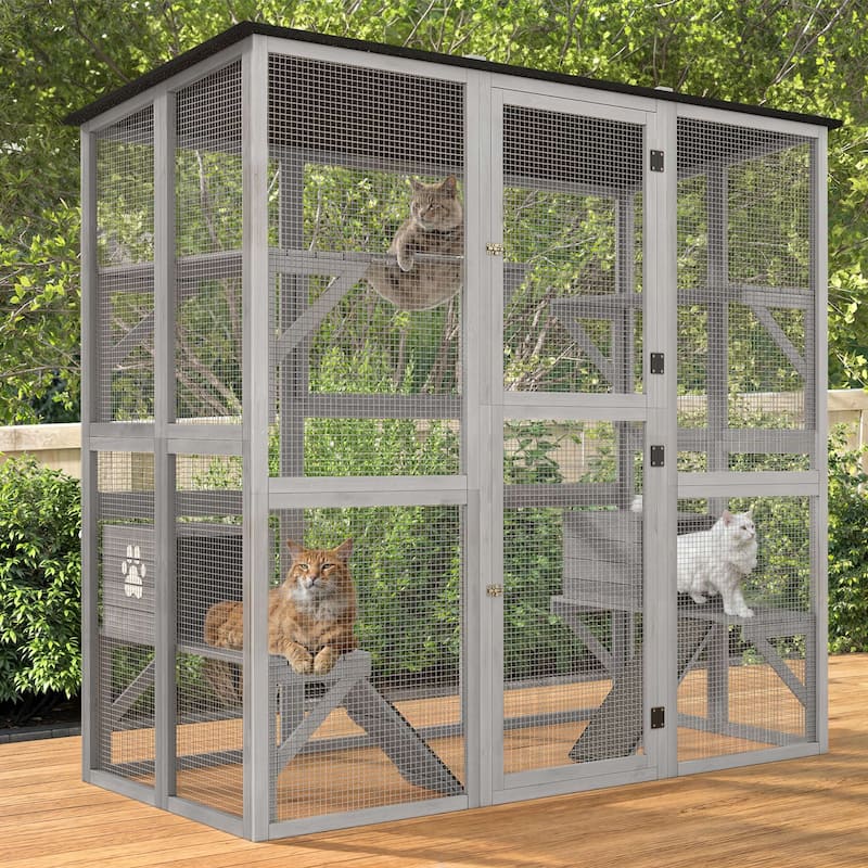 Moasis 70.9'' H Cat House Outdoor Catio Kitty Enclosure Wooden Cat Cage Playpen with Platform