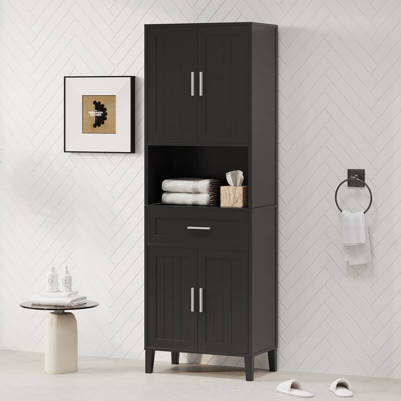 70.9" High Freestanding Tall Bathroom Cabinet with a Drawer, 2 Cabinets, 4 Soft-Close Doors, 2 Adjustable Shelves, Open Storage