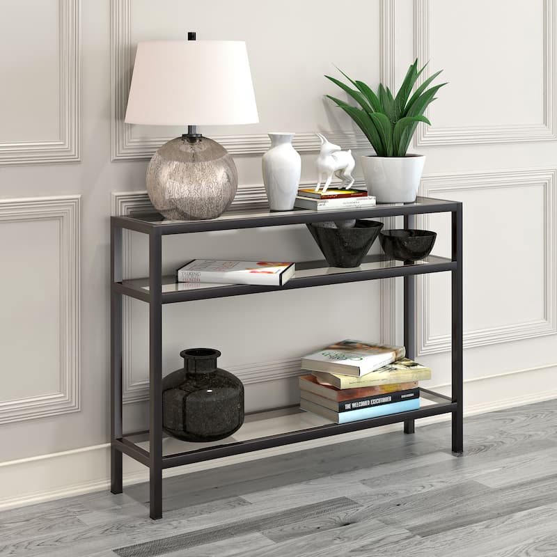 Sivil Rectangular Contemporary Metal/Glass Console Table in Blackened Bronze