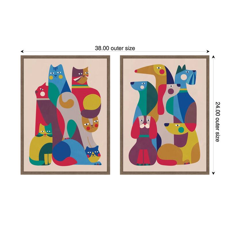 Kate and Laurel Retro Cats & Dogs 2 Piece Framed Canvas Wall Art Set by Rachel Lee