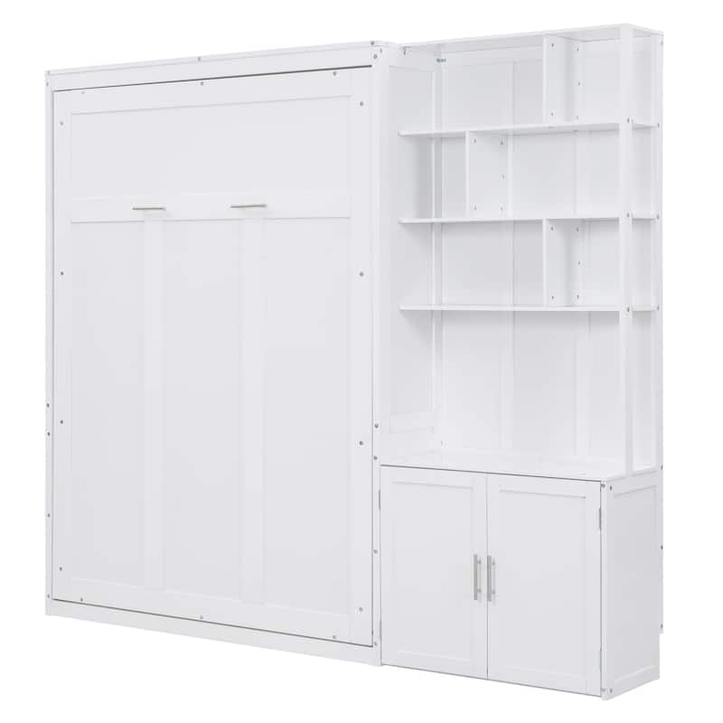 White Full Murphy Bed with Multiple Storage Shelves and Cabinet