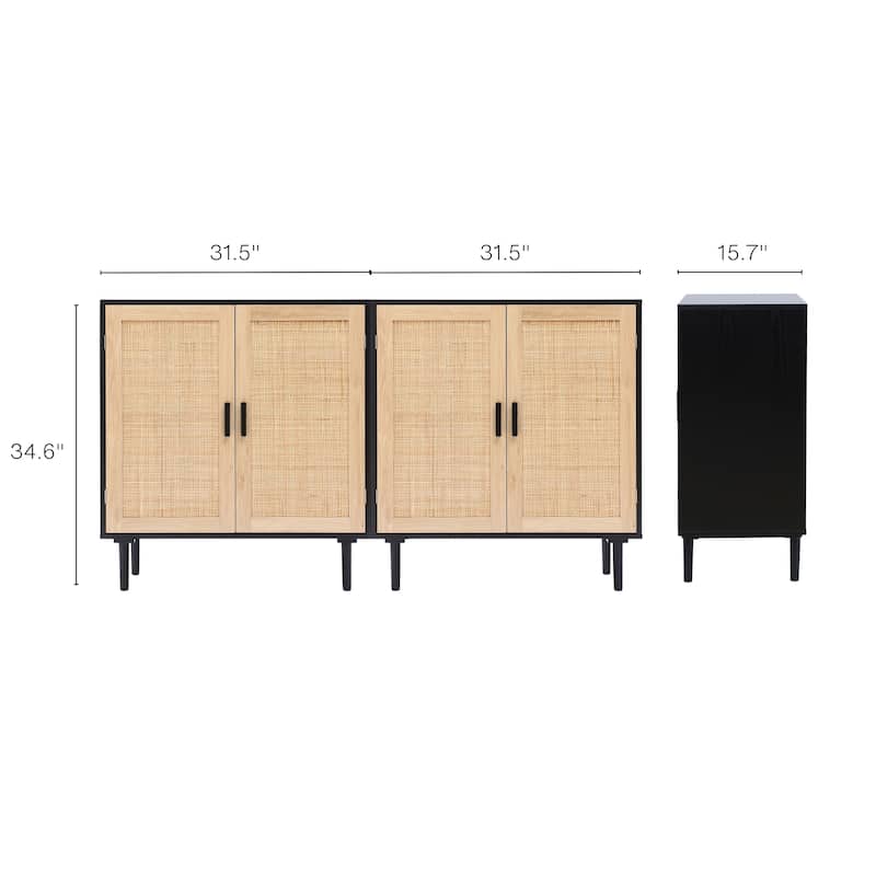 Black and Brown Wood 31.5" Wide Sideboard Cabinet with Wood-Woven Doors (Set of 2)