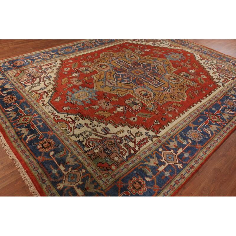 Heriz Serapi Indian Rug Hand-Knotted Medallion Orange Wool Carpet - 9'0"x 11'11"