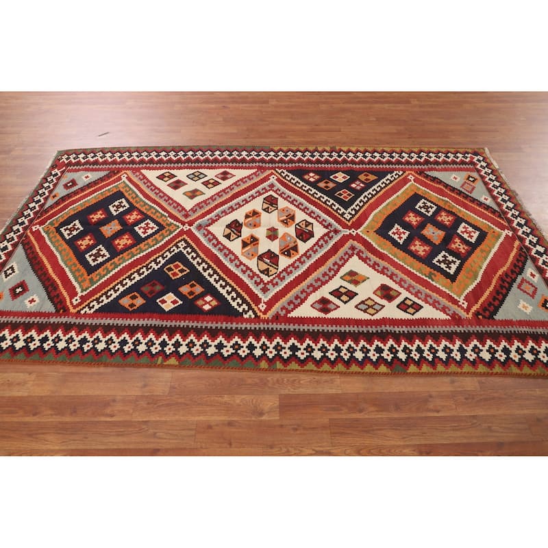 Vegetable Dye Geometric Kilim Qashqai Persian Vintage Wool Carpet - 4'10"x 8'1"