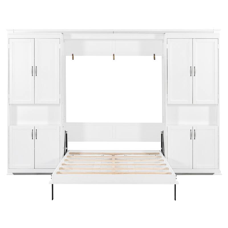 Hidden Hydraulic Lift Wall Bed Queen Murphy Bed with Dual Sliding Storage Cabinets, Side Shelves and Reinforced Metal Frame