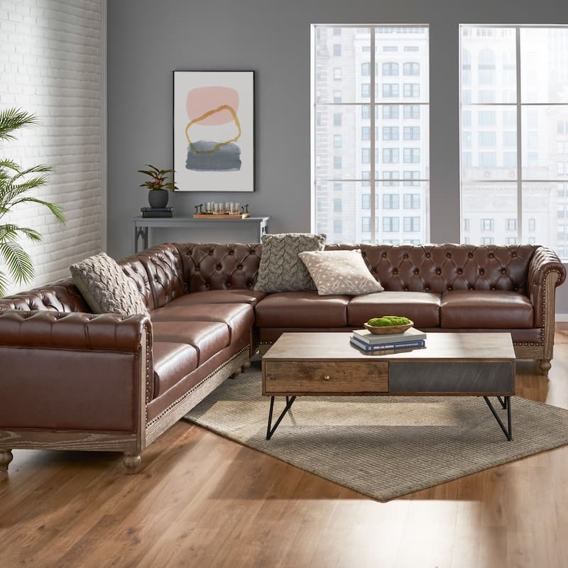 Castalia Chesterfield Tufted 7-seat Sectional Sofa by Christopher Knight Home - 114.00" L x 70.00" W x 31.50" H - Dark Brown + Natural