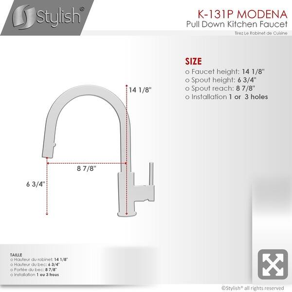 dimension image slide 0 of 3, STYLISH Kitchen Sink Faucet Single Handle Pull Down Dual Mode in Stainless Steel - Faucet Height: 14 1/8" | Spout Height: 6 3/4"