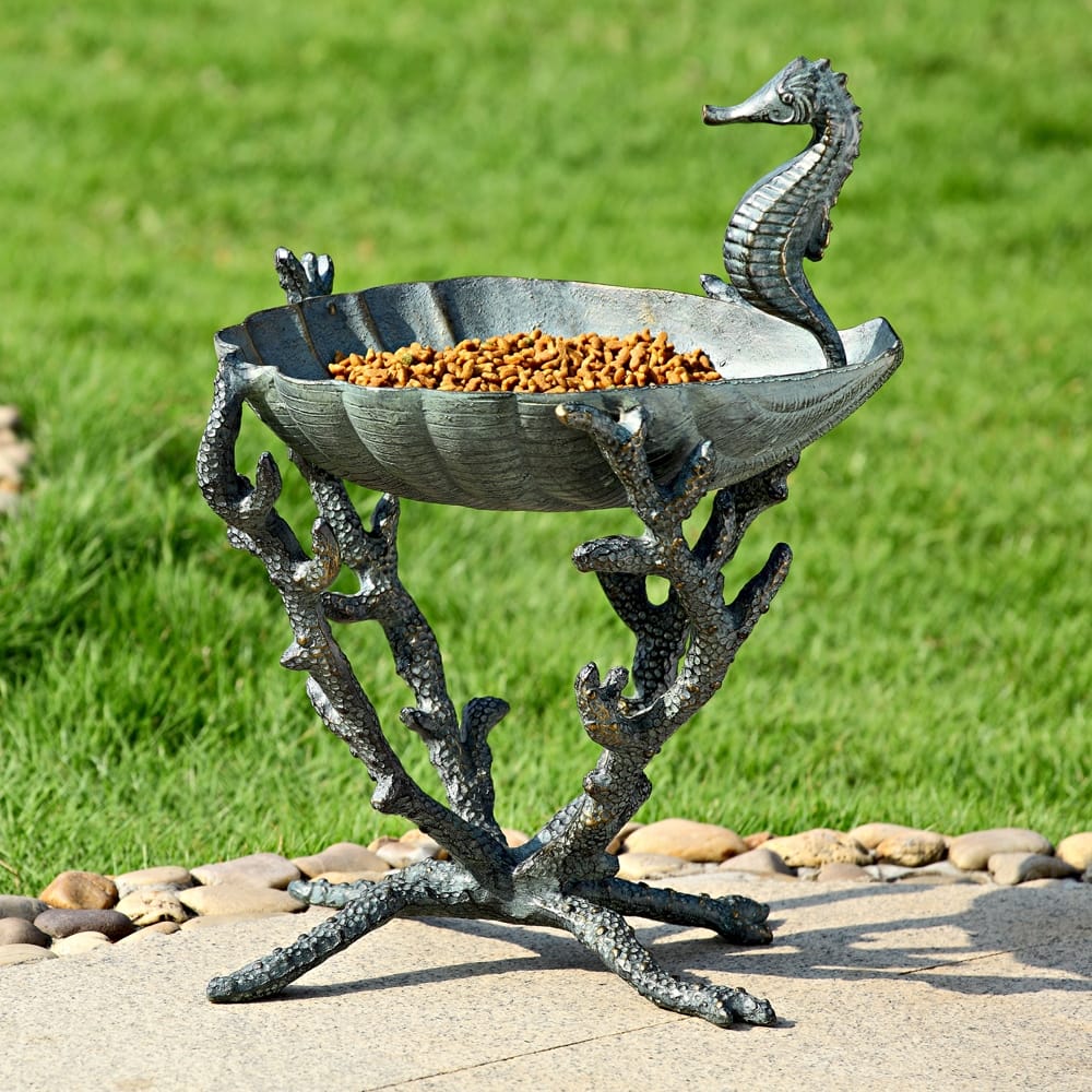 Verdigris Finish Aluminum Seahorse Birdbath / Bird Feeder - 18 X 13.5 X 12.5 inches