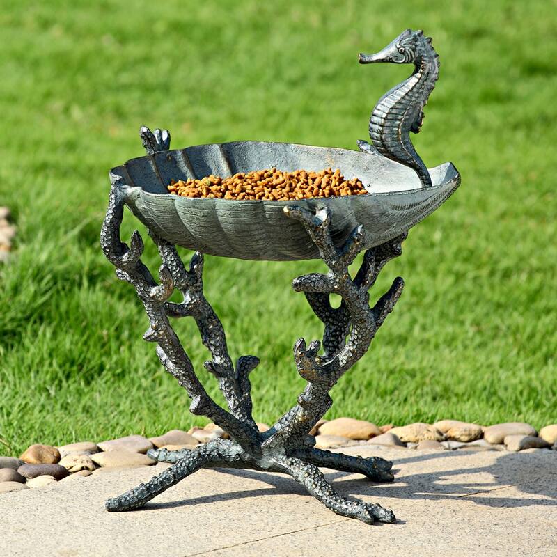Verdigris Finish Aluminum Seahorse Birdbath / Bird Feeder - 18 X 13.5 X 12.5 inches