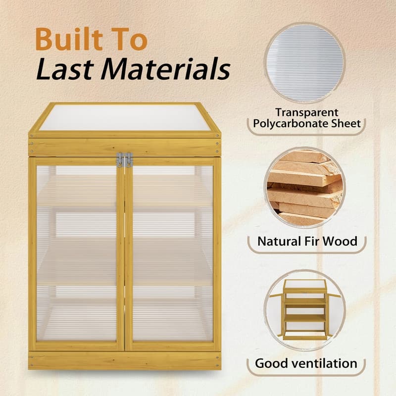 Greenhouse-Type Wooden Cold Frame, Small Outdoor Greenhouse, Two-Tiered Polycarbonate Garden Greenhouse Cabinet