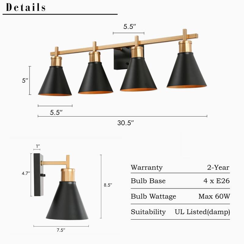 Reuel Modern Black Gold Vanity Light Bathroom 4-Light Metal Wall Sconce for Powder Room - 30.5'' L x 7.5'' W x 8.5'' H