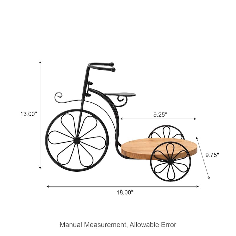 Glitzhome 24"L Spring Metal Tricycle Planter Stands Flower Pot Cart with Wood Trays