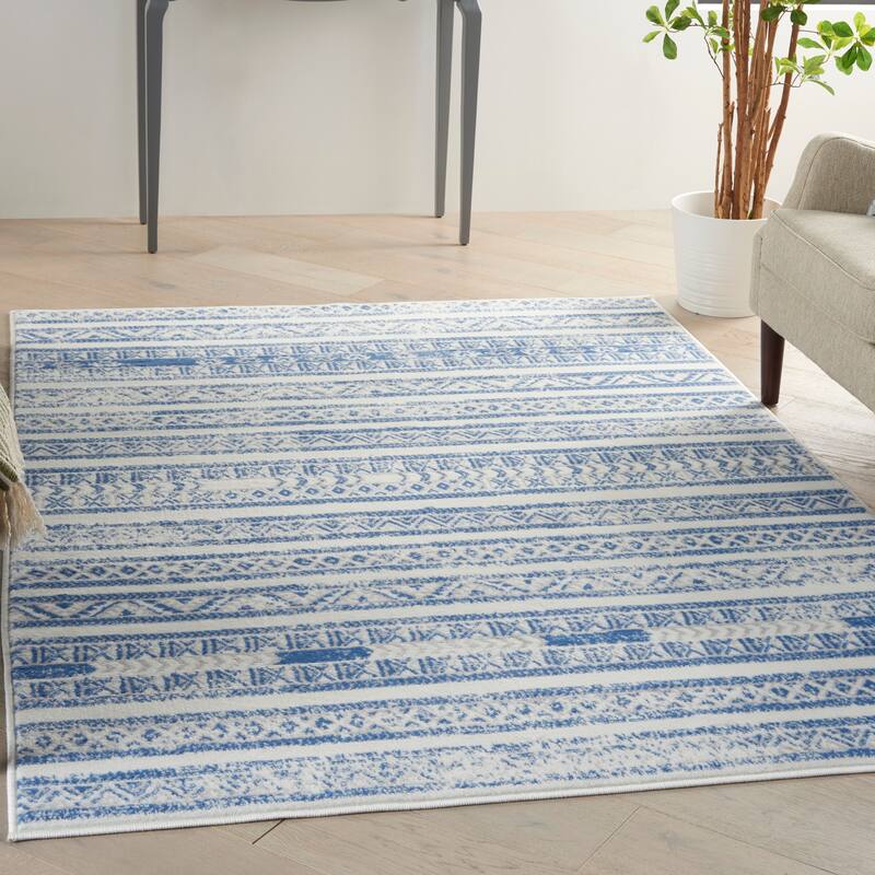 Nourison Whimsicle Vintage Boho Geometric Area Rug - 4' x 6' - Ivory Blue - Runner/Rectangle