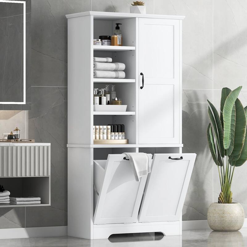 Bathroom Storage Cabinet with Doors and Drawers, Tilt-Out Laundry Hamper - White