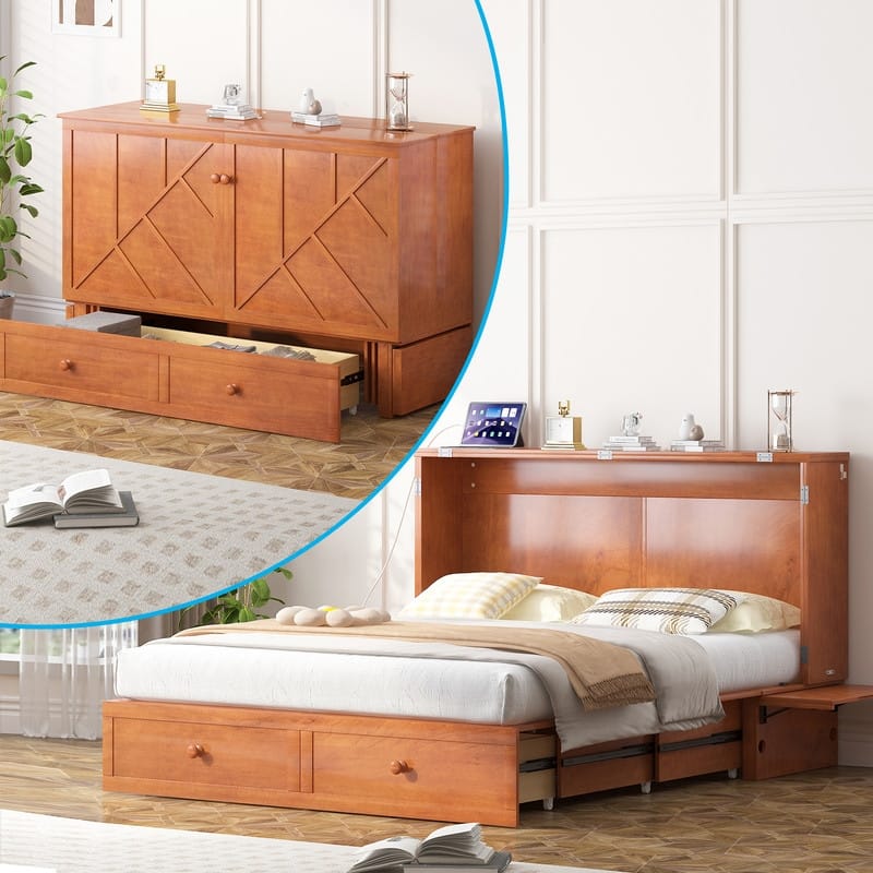 Mixoy Modern Queen Murphy Bed Chest with Mattress and USB ports - Cherry - Queen