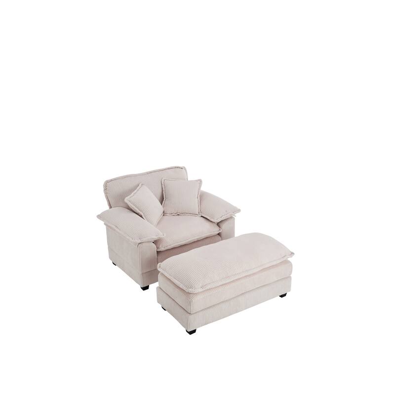 Deep Seat Accent Chair & Ottoman Set of 2, Reclining Sofa Chair, Corduroy Upholstered Chaise Lounge Couch with 2 Toss Pillows