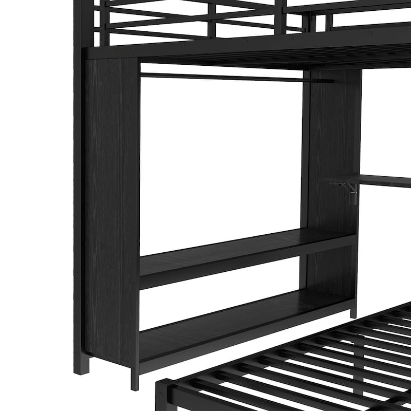 Queen Over Twin Metal Bunk Bed with Built-in Wardrobe, Trundle, Foldable Desk, and Noise-Reduced Design