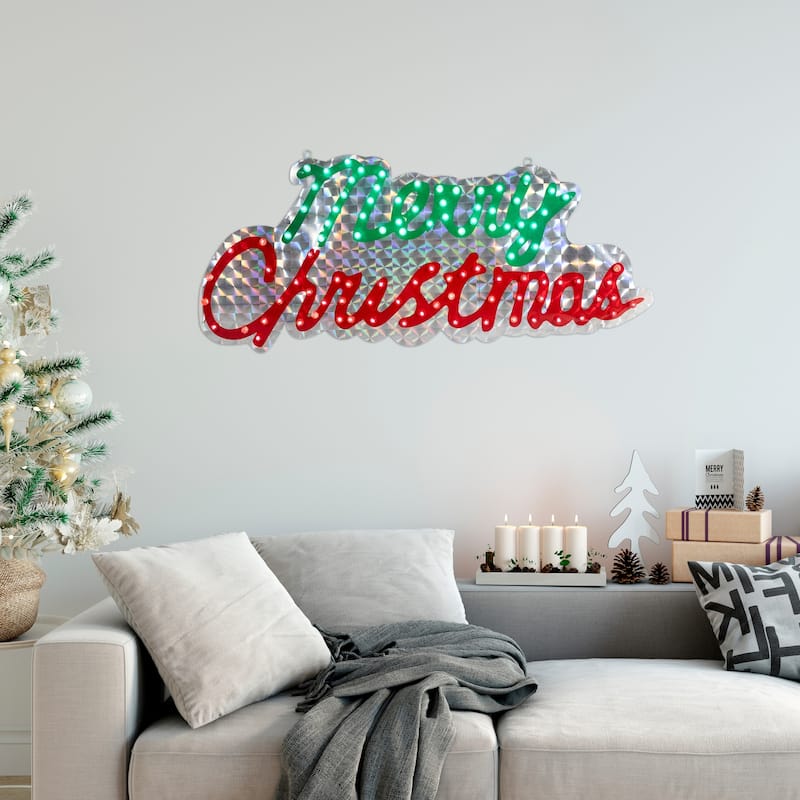 LED Lighted Holographic Merry Christmas Sign Outdoor Decoration - 42" - Red