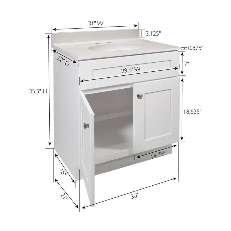Design House 585141 Brookings Shaker 2-Door Bathroom Vanity with Cultured Marble 4 in. Centerset White on White Top