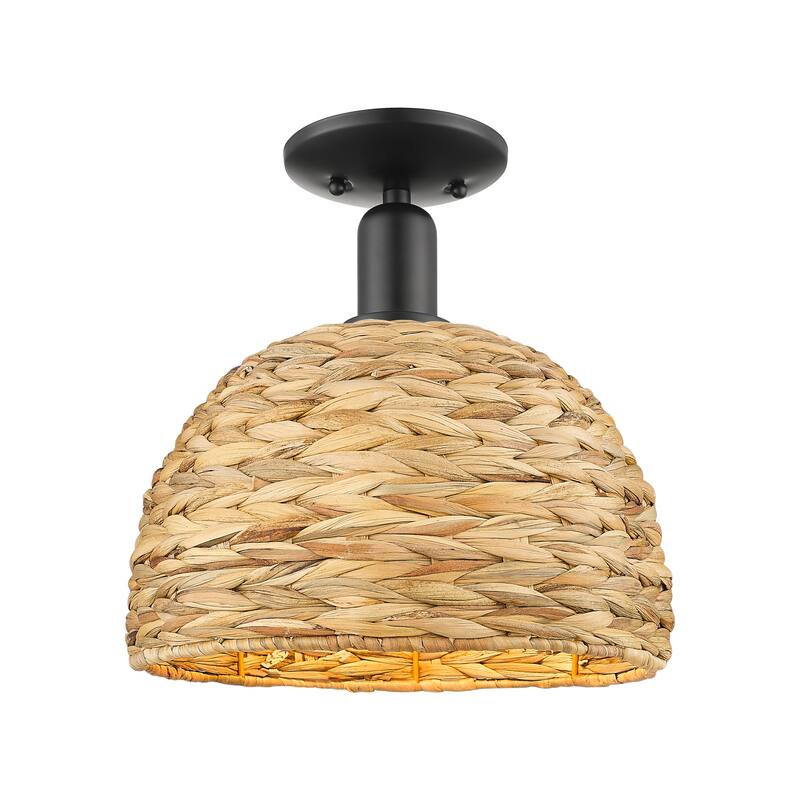 Innovations Lighting Endless Possibilities Arcadia - Woven Rattan - 1 Light 12" Semi-Flush Mount - Matte Black/Natural