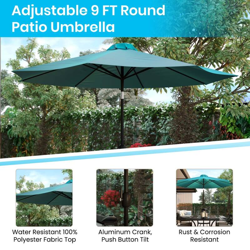 35" Square Faux Teak Patio Table, 4 Chairs and 9FT Patio Umbrella with Base