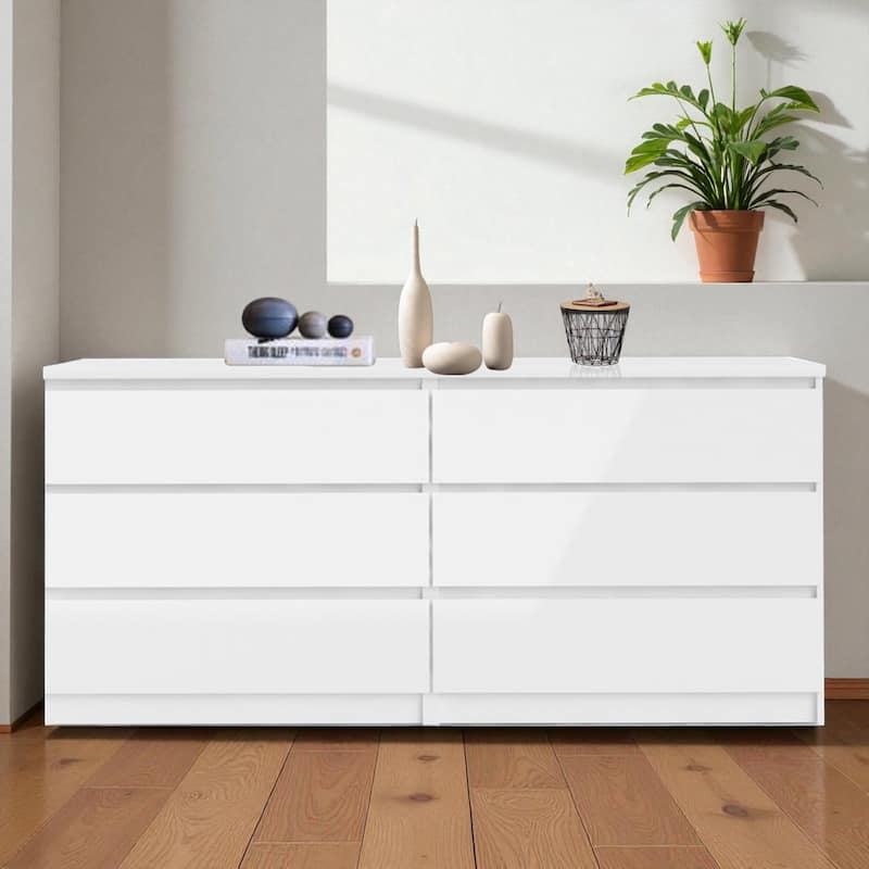 Modern 6-Drawer Double Dresser Wide Storage Cabinet for Bedroom Living Room Hallway Freestanding Wood Organizer