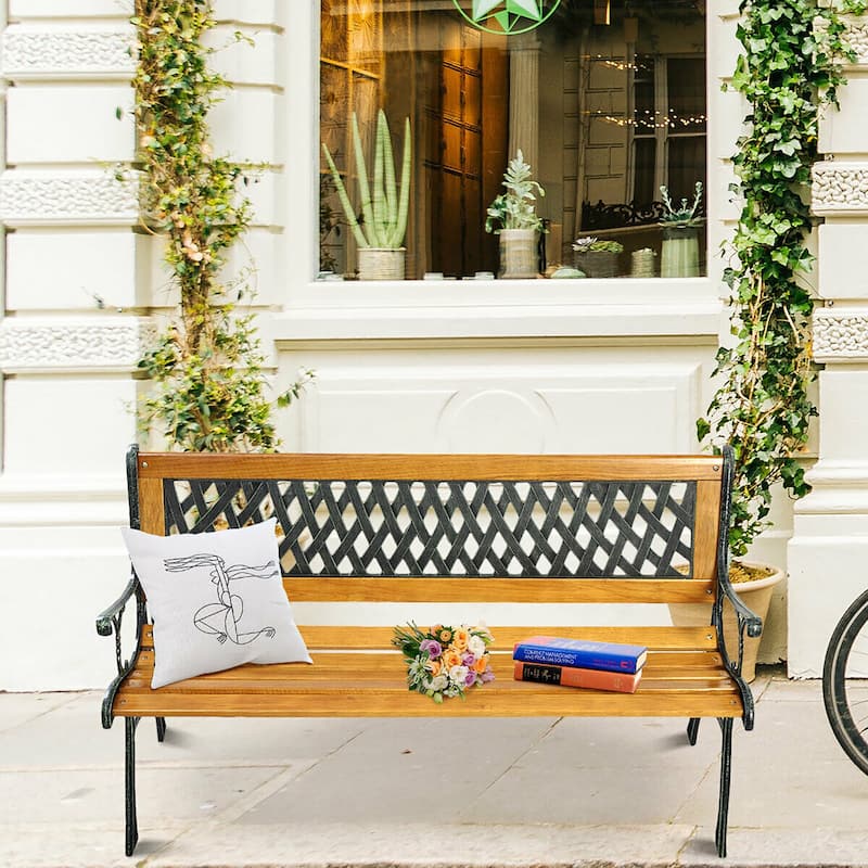 Patio Bench Outdoor Furniture Iron Hardwood Frame Porch Loveseat