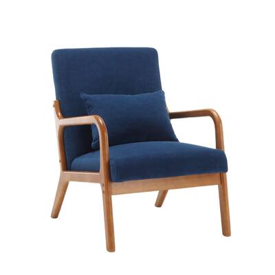Navy Velvet Lounge Armchairs, Wood Armrest Accent Chair, Reading Chair