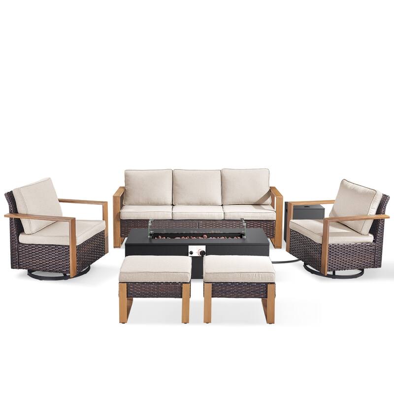 Pocassy Outdoor Sofa Swivel Chair Ottoman w/ 43" Fire Pit Set